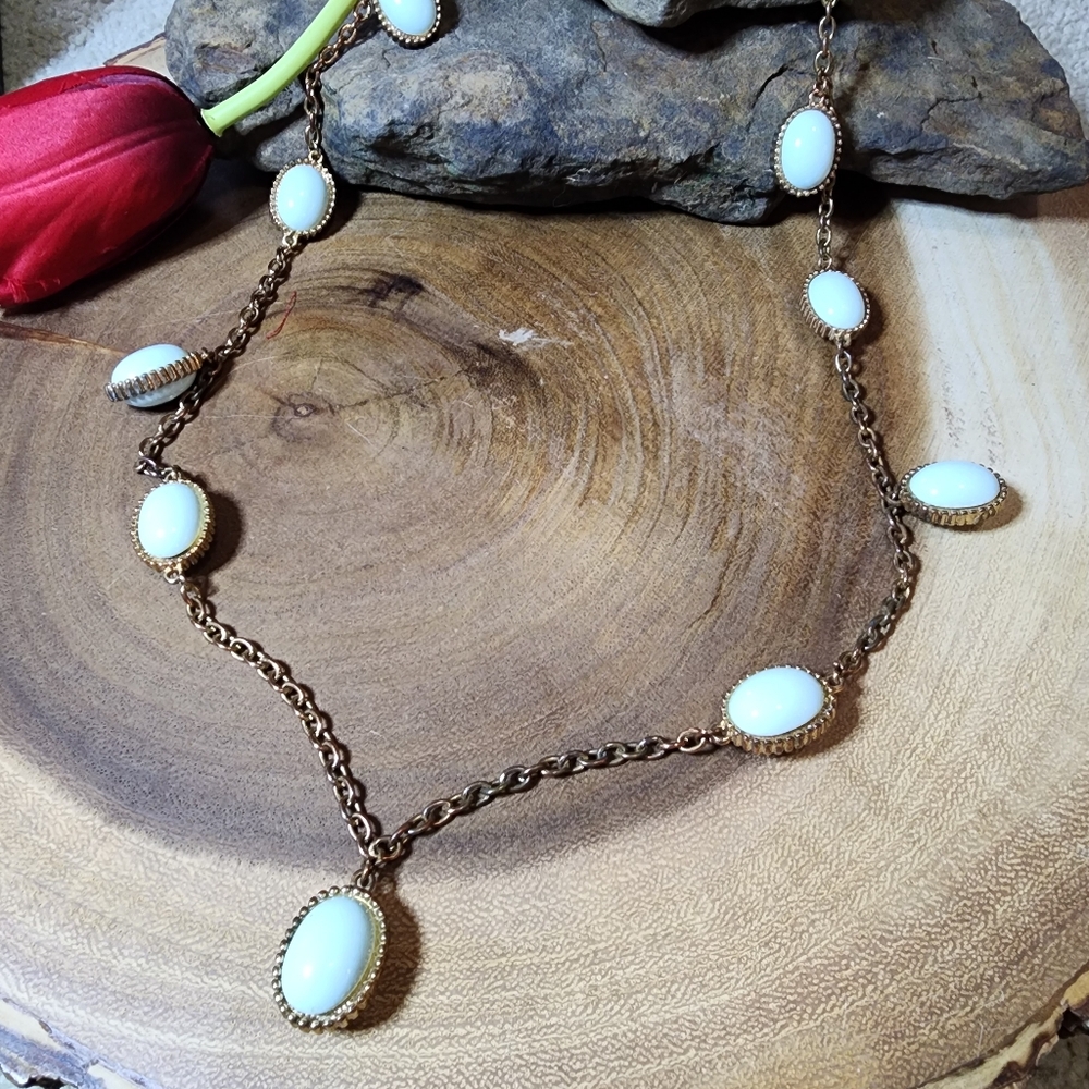 Vintage Bronze Toned Necklace With Oval Shaped Milky Blue Bezel Beads